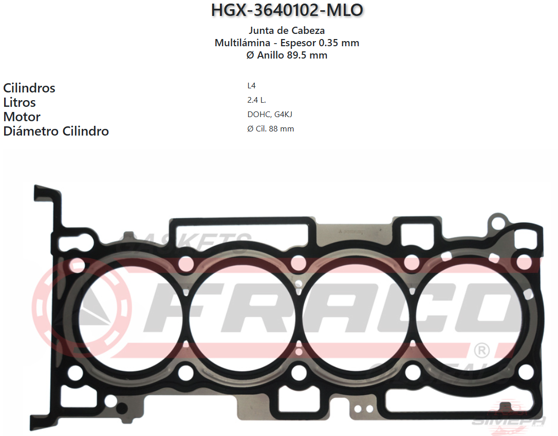 Imagen de HGX-3640102ML EMPAQUE DE CABEZA HYUNDAI, KIA, L4, 16V, DOHC